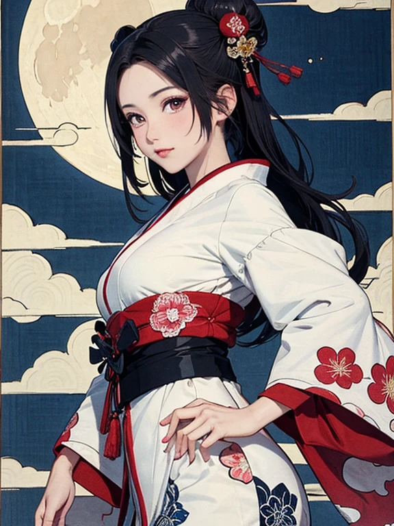 (masterpiece, Highest quality,High resolution, Official Art), (One girl), (Fractal Art:1.1),Bright and vivid color patterns in Japanese clothing、Black hair in a round bun,Traditional Japanese patterned fabric, (Dynamic pose),(Shiny skin), (Many colors:1.4), ( Ukiyo-e background,moon,flower,cloud )