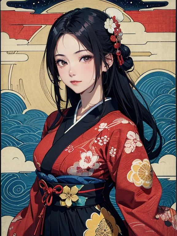 (masterpiece, Highest quality,High resolution, Official Art), (One girl), (Fractal Art:1.1),Bright and vivid color patterns in Japanese clothing、Black hair in a round bun,Traditional Japanese patterned fabric, (Dynamic pose),(Shiny skin), (Many colors:1.4), ( Ukiyo-e background,moon,flower,cloud )