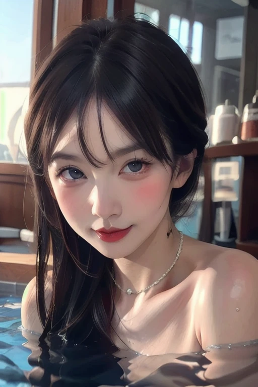 Beautiful mature Japanese woman aged 55, Mature Woman, Long eyelashes, Red lipstick, Pearl Necklace, Earrings, Dark eyeshadow, Full nudity, Completely naked, Swimming underwater, swim in the sea, high quality, detailed, Realistic, Vibrant colors, Professional photography