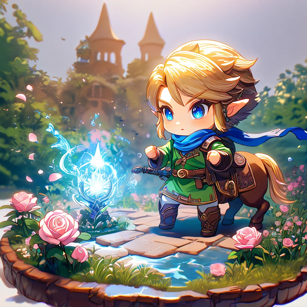 absurdres, highres, ultra detailed, HDR, master piece, best quality, extremely detailed, Link chibi, blonde hair, expressive blue eyes, The Legend Of Zelda Hyrule Warriors, boy ridding a brown horse, cute, small, blue scarf, green tunic, magical, fantasy, magic, garden, pink roses, pink petals