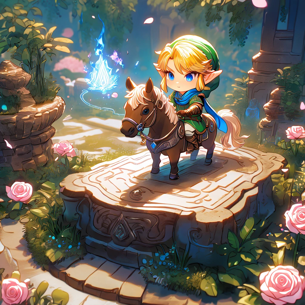 absurdres, highres, ultra detailed, HDR, master piece, best quality, extremely detailed, Link chibi, blonde hair, expressive blue eyes, The Legend Of Zelda Hyrule Warriors, boy ridding a brown horse, cute, small, blue scarf, green tunic, magical, fantasy, magic, garden, pink roses, pink petals