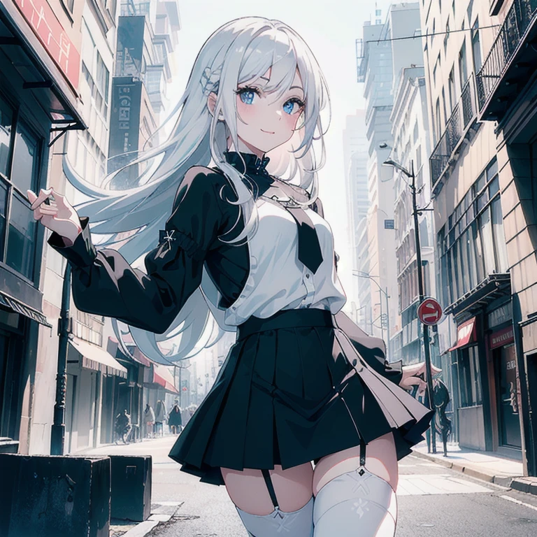 1 girl, (Masterpiece, Best quality, ultra high resolution), Silver hair, Pale skin, Beautiful detailed face, Detailed eyes, posing on a white background, Dynamic lighting, dynamic shadowing, looking at viewer, White stone punk fashion,(Posing for a photo),((White clothes)), (((black thigh highs))), jean shorts, skirt, white sweater, ((Blue eyes)), happy, smiling, black straps, black strap design, ((Long white hair)), energetic, cheerful, cityscape background, (((long black sleeves))), ((long black sleeves)), black sleeves