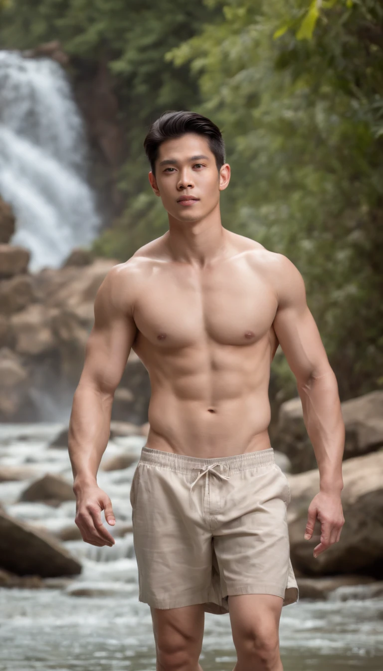 a photo-realistic image of a (((muscular and toned))) Thai male wearing white thong, (((irresistibly sexy, good looking, and beautiful handsome face))) with ((beautiful pale skin color with fine skin complexion)), (((bare chest))), ((no top, no pants)), ((long black hair)), ((in the world of top male model legends)), walking in the stream, background of waterfall and colorful fall-color mountains on a sunny day. ((full body shot)), ((ultra high resolution))