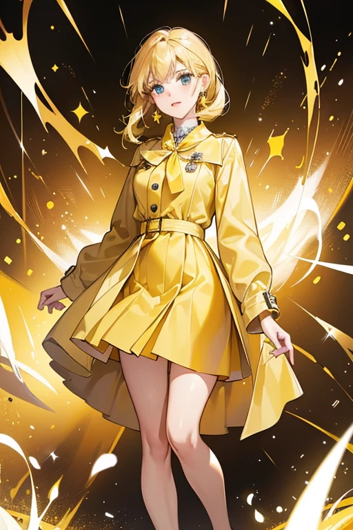 As a civilian, Marianne wears a yellow blouse with a tan trench coat. She wears a yellow skirt, yellow earrings. yellow dress shoes, and yellow brooch with the Simplified Chinese ideogram (爱), which means love, on it, given to her by Fu, on her shirt. SPARKLE; GLITTER
