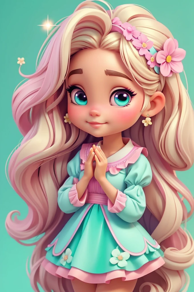 imagem de alta qualidade de uma boneca chibi Ariana Grande: boneca chibi ,illustration,detalhes delicados,Pose encantadora,lovely expression,cores suaves,roupa bonita,cabelos intrincados,beautiful eyes and lips,melhor qualidade,ultra-detalhado,fotorrealista,vivid colors, solid background, profesional lighting, girly accessories, espressiva, headband flowers, blue eyes, ombre hair, long hair, basket of flowers in hands, lovely pose, black eyes, wearing a fairy outfit pastel colors glitter, mint green, pink, and soft purple, exuberant, perfect, centered in the photo with a white background, nitid, fairy vibes, standing, pink flat shoes, vibrant, white background, blonde hair, blonde hair, hair blonde