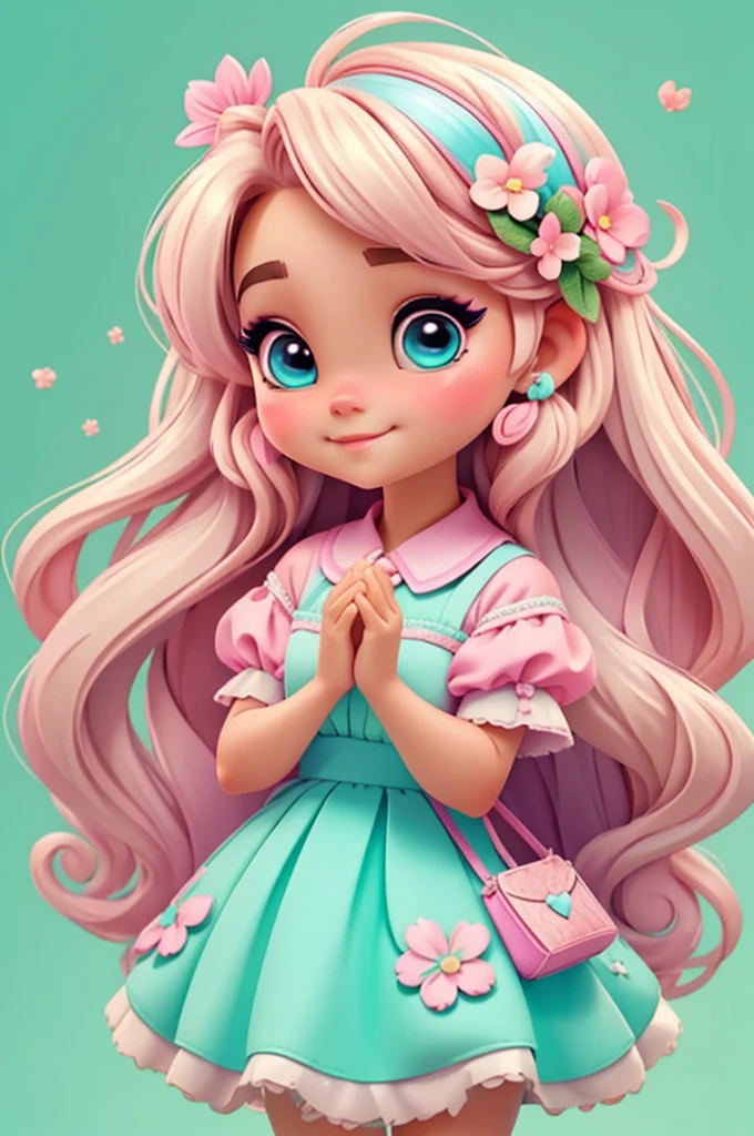 imagem de alta qualidade de uma boneca chibi Ariana Grande: boneca chibi ,illustration,detalhes delicados,Pose encantadora,lovely expression,cores suaves,roupa bonita,cabelos intrincados,beautiful eyes and lips,melhor qualidade,ultra-detalhado,fotorrealista,vivid colors, solid background, profesional lighting, girly accessories, espressiva, headband flowers, blue eyes, ombre hair, long hair, basket of flowers in hands, lovely pose, black eyes, wearing a fairy outfit pastel colors glitter, mint green, pink, and soft purple, exuberant, perfect, centered in the photo with a white background, nitid, fairy vibes, standing, pink flat shoes, vibrant, white background, blonde hair, blonde hair, hair blonde