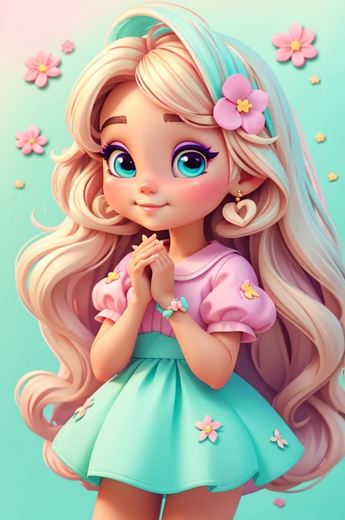 imagem de alta qualidade de uma boneca chibi Ariana Grande: boneca chibi ,illustration,detalhes delicados,Pose encantadora,lovely expression,cores suaves,roupa bonita,cabelos intrincados,beautiful eyes and lips,melhor qualidade,ultra-detalhado,fotorrealista,vivid colors, solid background, profesional lighting, girly accessories, espressiva, headband flowers, blue eyes, ombre hair, long hair, basket of flowers in hands, lovely pose, black eyes, wearing a fairy outfit pastel colors glitter, mint green, pink, and soft purple, exuberant, perfect, centered in the photo with a white background, nitid, fairy vibes, standing, pink flat shoes, vibrant, white background, blonde hair, blonde hair, hair blonde