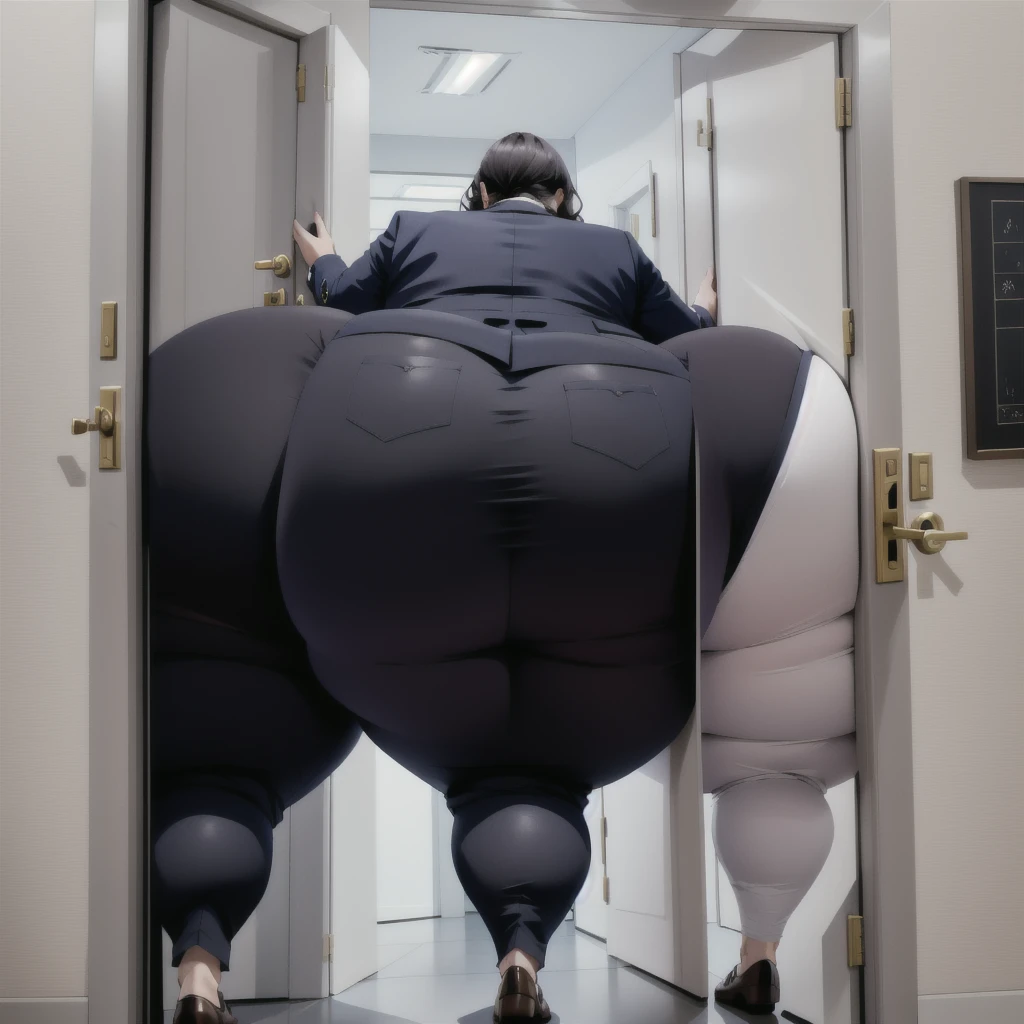 masterpiece, 1girl behind a doorway, from behind, (doorstuck, stuckbehind:1.3), huge hips, round belly, thick thighs, giant butt,colorful clothing, wearing suit and tie and formal pants, upset, desperately trying to wiggle through, she tries to free herself but she won't budge, she is stuck tight view from behind, she is too wide, the doorway is quite narrow too, she is being pushed from behind by a few female coworkers