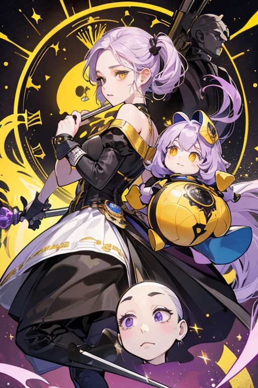 Backwarder had pale purple skin with yellow eyes, pale amaranth sclerae, and light brilliant heliotrope lipstick. Her helmet was black and teardrop-shaped with a yellow circle in the center of each side (not including the front or back), a large yellow key resembling that of a wind-up toy on top, and an upside-down teardrop-shaped pale purple face mask with holes for her eyes and mouth. She also had a small nose with two black dots beneath each eye hole, and a golden heart on the forehead, resembling a porcelain doll's face. Each time an object was touched with her sword, one of the cracks on the face of her helmet disappeared. The main body of her costume was yellow and black, with a rounded shape resembling a clockwork doll. Her chest had a stylized clock face on the front where her akuma lied, with her brooch acting as the dial. On each of her shoulders, there was a yellow spherical pauldron. Her arms were mostly black, with accenting yellow "gloves" and "boots" both having scalloped ends. Her cane had also been transformed into a black sword with a golden tip resembling a clock hand, which she used to activate her powers. SPARKLE; GLITTER