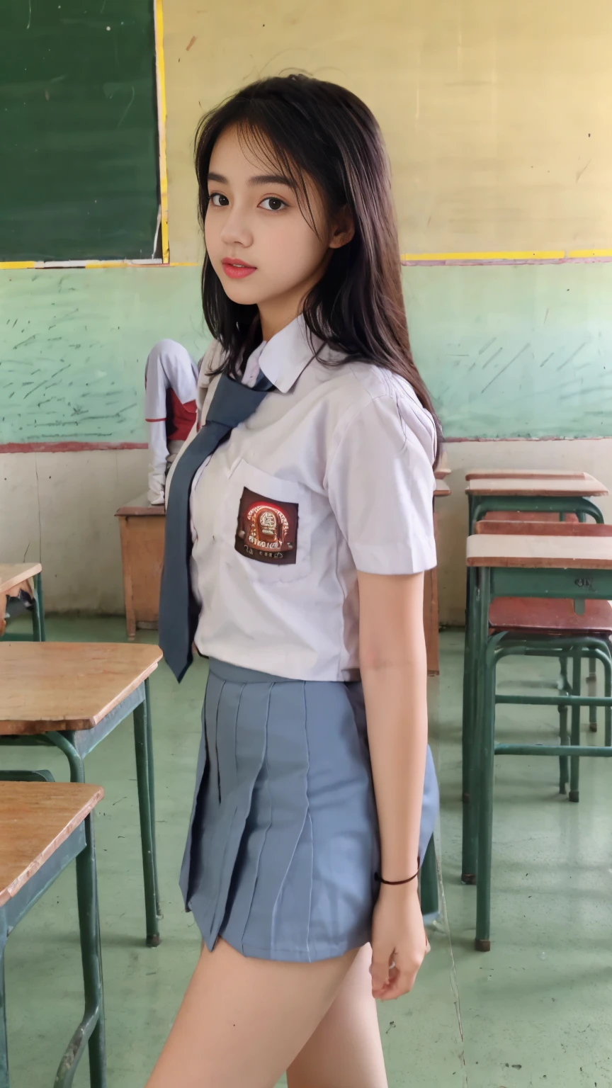 RAW, Best quality, high resolution, masterpiece: 1.3), Beautiful girl, seductive pose, showing breast, open legs showing vagina, sensual body, on a top of table of class room, ((senior high school clothes)), mini skirt, orgasm, highres, 4k, HDR, 1girl, photorealistic, realistic, small breasts, ((whole body)) turning away facial at viewer, closeup, class-room, misty,