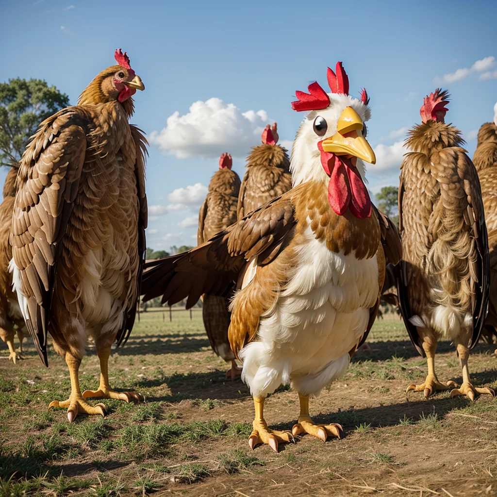 ((Best Quality)), ((Cartoon)), 1 man, happy, greeting, cartoon giant chicken costume, simple background, Field, funny, vivid colors, Alone, whole body