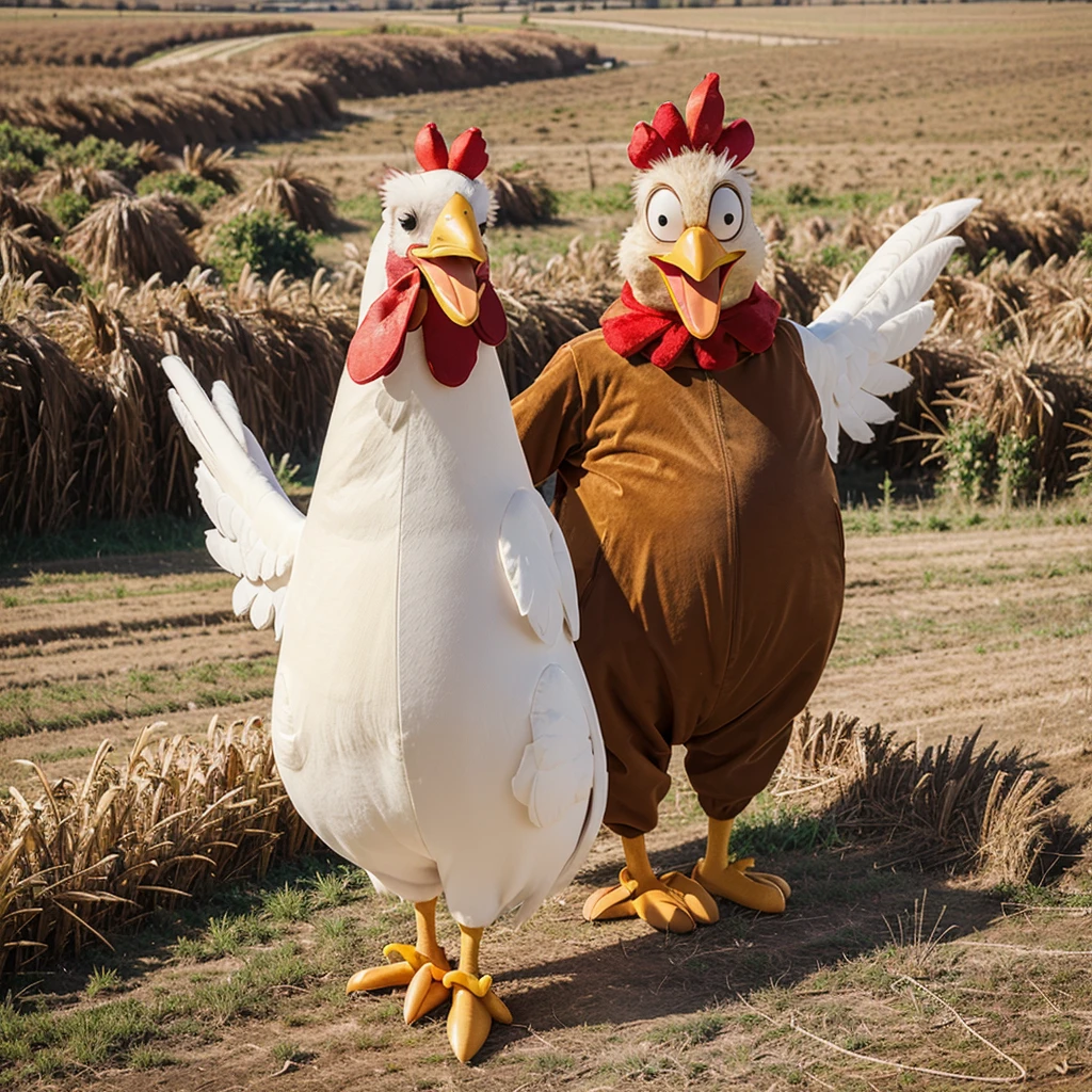 ((Best Quality)), ((Cartoon)), 1 man, happy, greeting, cartoon giant chicken costume, simple background, Field, funny, vivid colors, Alone, whole body