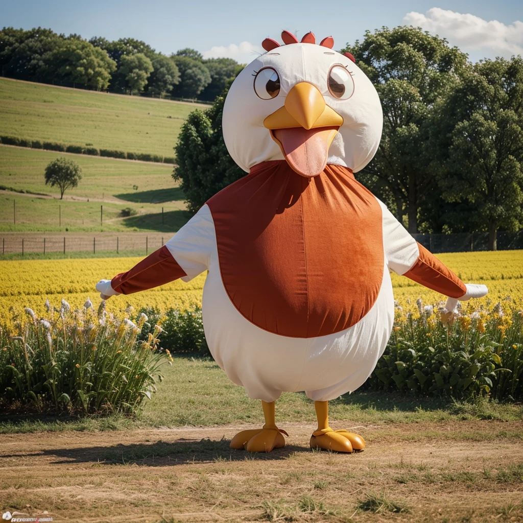 ((Best Quality)), ((Cartoon)), 1 man, happy, greeting, cartoon giant chicken costume, simple background, Field, funny, vivid colors, Alone, whole body