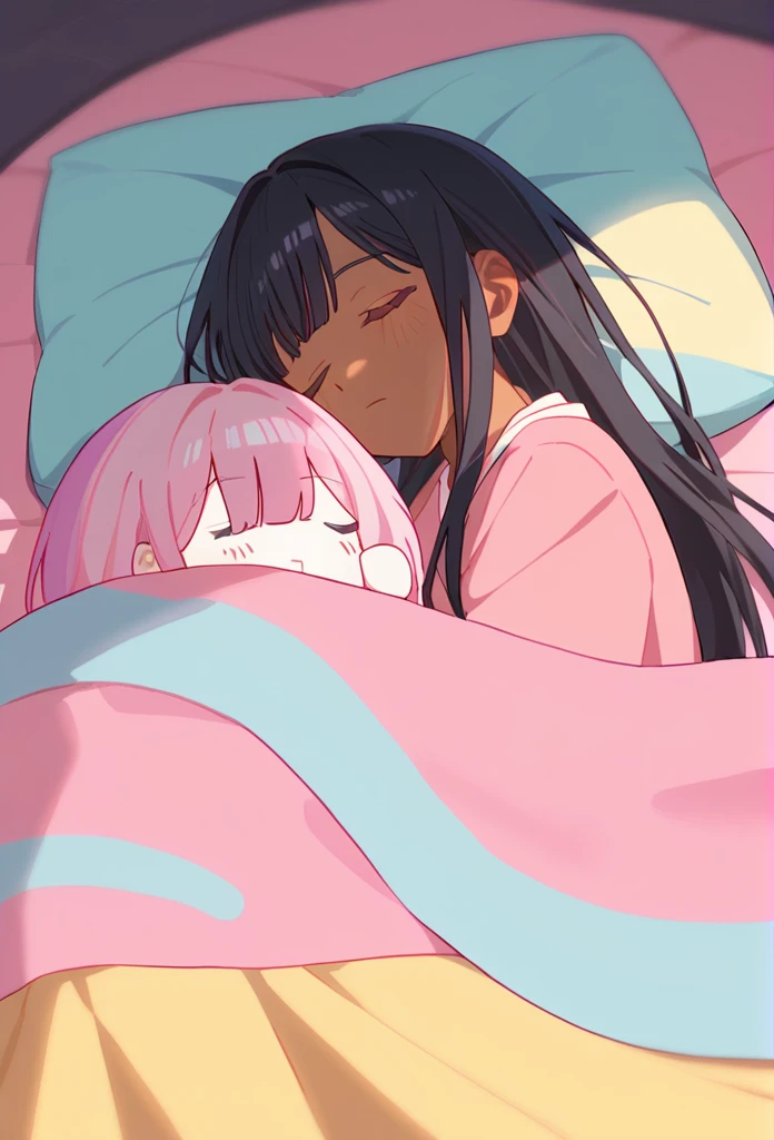 masterpiece, best quality, score_9,older woman,dark skin,long black hair,sleeping,pastel pink bed,pastel pink pjs,full view