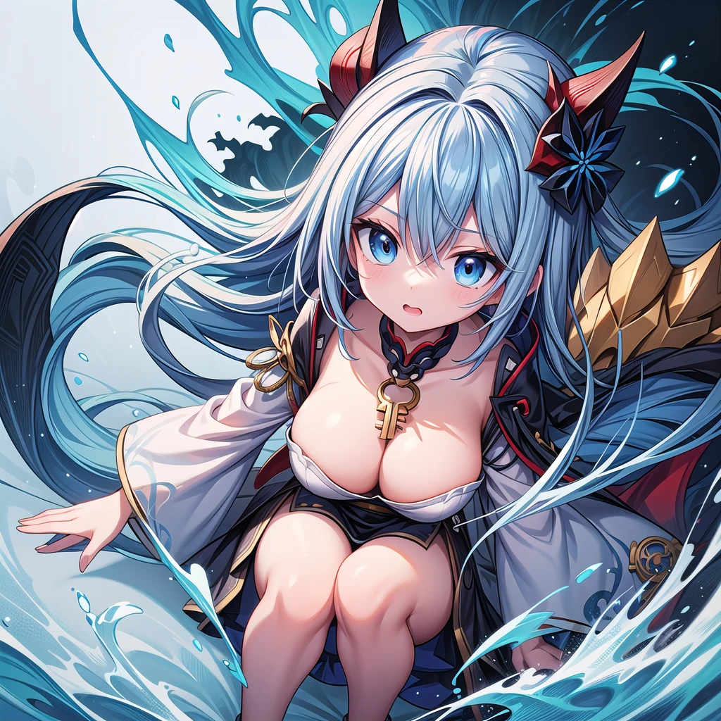 detailed portrait of a girl wearing a demonic outfit, blue anime style, demonic anime girl, dynamic action anime girl, Azur Lane character, Onmyoji, detailed Onmyoji art, from Arknights, from Azur Lane video game, Kushaltepec Klenz key art female, alluring matoi ryuko, crouching anime girl