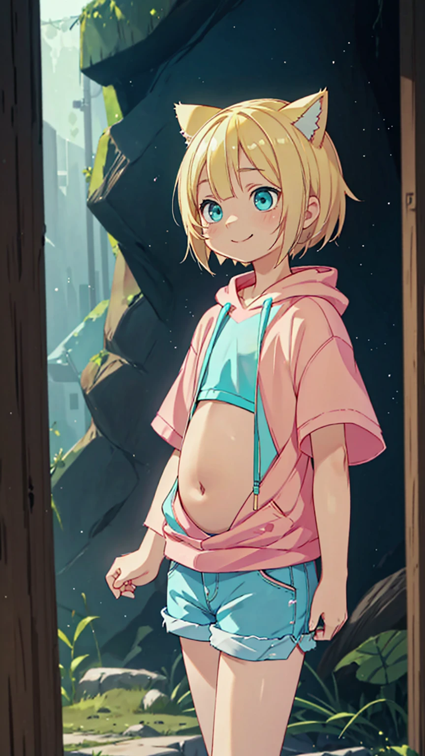 smile、Plain pink short sleeve hoodie。Turquoise Eyes、8-year-old girl, (Eye color is turquoise), SFW,
Blonde Hair、Short Hair、Cat ear、(Blonde :1.5),
White skin, Wooden village, (Flat Chest), Denim shorts,
outside, bright,, Plain pink short sleeve hoodie,I tried drawing a belly button in the style of Made in Abyss,
Soft lighting and detailed environments、Create immersive environments that inspire your imagination、Delivering high quality visuals, Dim lighting, Sharply focused, Octane Rendering, 8K Ultra HD