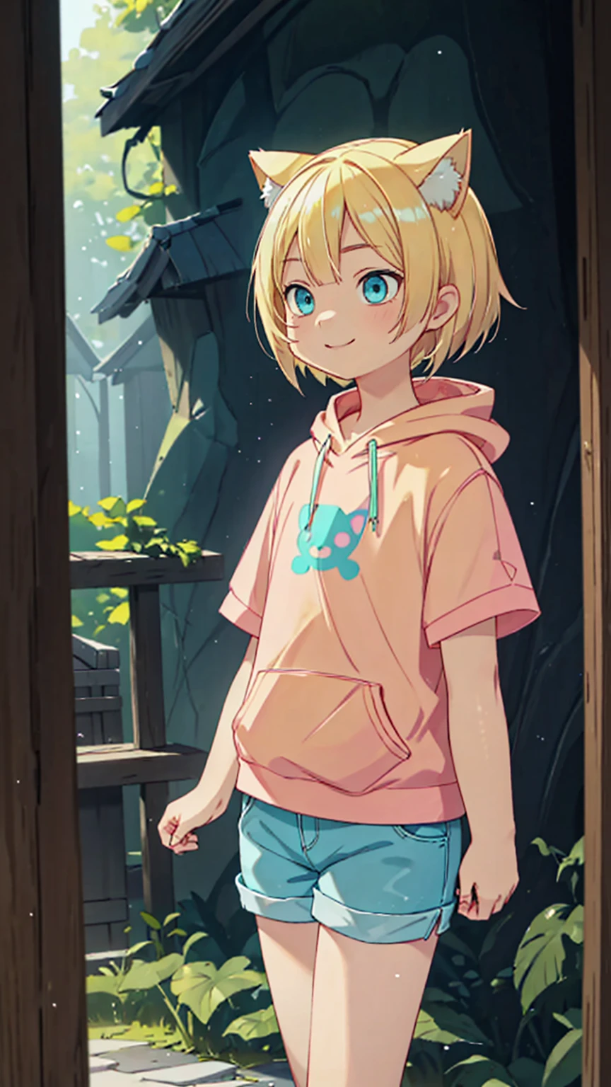 smile、Plain pink short sleeve hoodie。Turquoise Eyes、8-year-old girl, (Eye color is turquoise), SFW,
Blonde Hair、Short Hair、Cat ear、(Blonde :1.5),
White skin, Wooden village, (Flat Chest), Denim shorts,
outside, bright,, Plain pink short sleeve hoodie,I tried drawing a belly button in the style of Made in Abyss,
Soft lighting and detailed environments、Create immersive environments that inspire your imagination、Delivering high quality visuals, Dim lighting, Sharply focused, Octane Rendering, 8K Ultra HD
