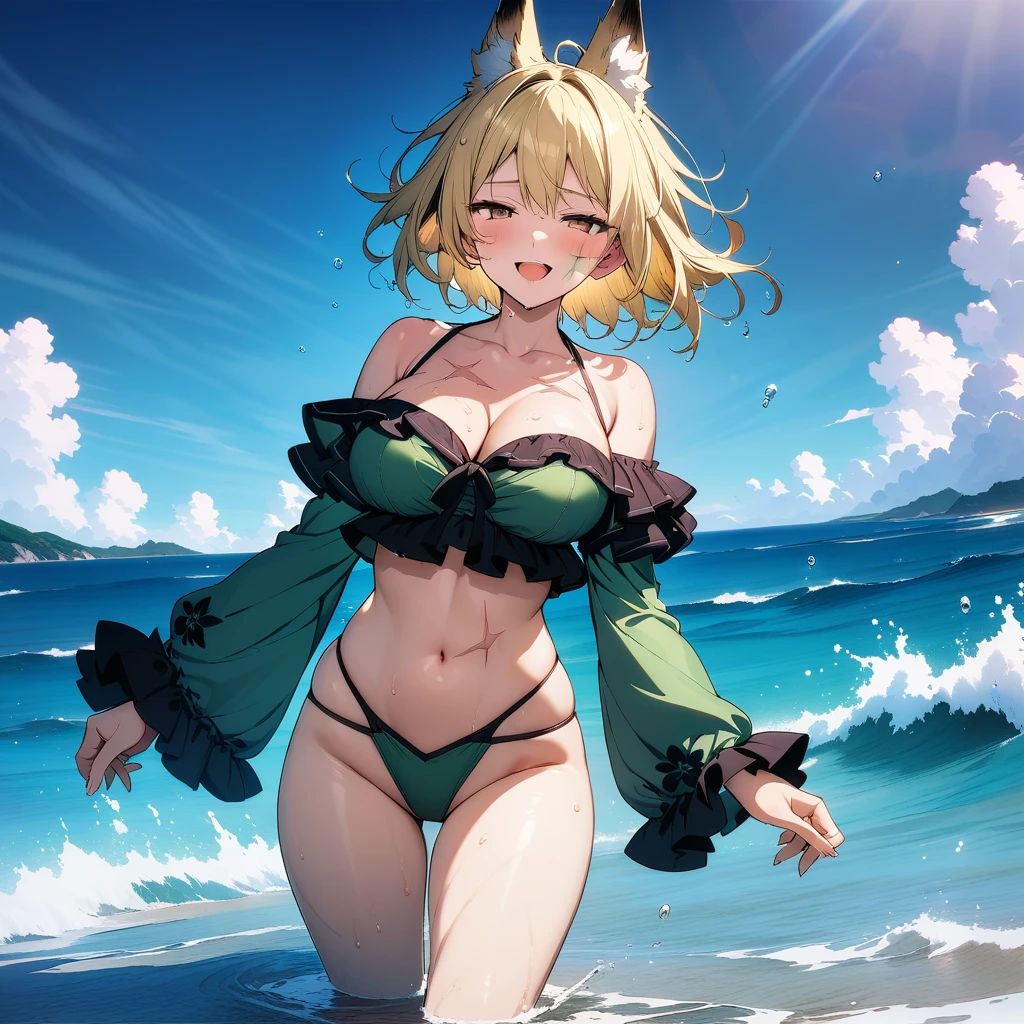 (masterpiece,best quality,very aesthetic,ultra-detailed),high saturation,official art,nsfw,solo,BREAK,1girl,30yo,curvy,large breasts,tall,stout build,bewitching,(blonde fox ears),(a fox tail),(blonde hair,short hair,messy hair),disheveled hair,(brown eyes),half closed eyes,beautiful face,bare legs,comfortable,open mouth,enjoyable,(smirk:0.8),wet,(tropical atmosphere,dark green layered highleg bikini with ruffled off-shoulder sleeves and a black bow in the center. The bikini has a floral pattern and features strappy details on the bottom piece),(scar on breasts,scar on cheek:1.2),ocean,wave,Clear seawater,splash,summer sky,cowboy shot,wading,floating on water,playing