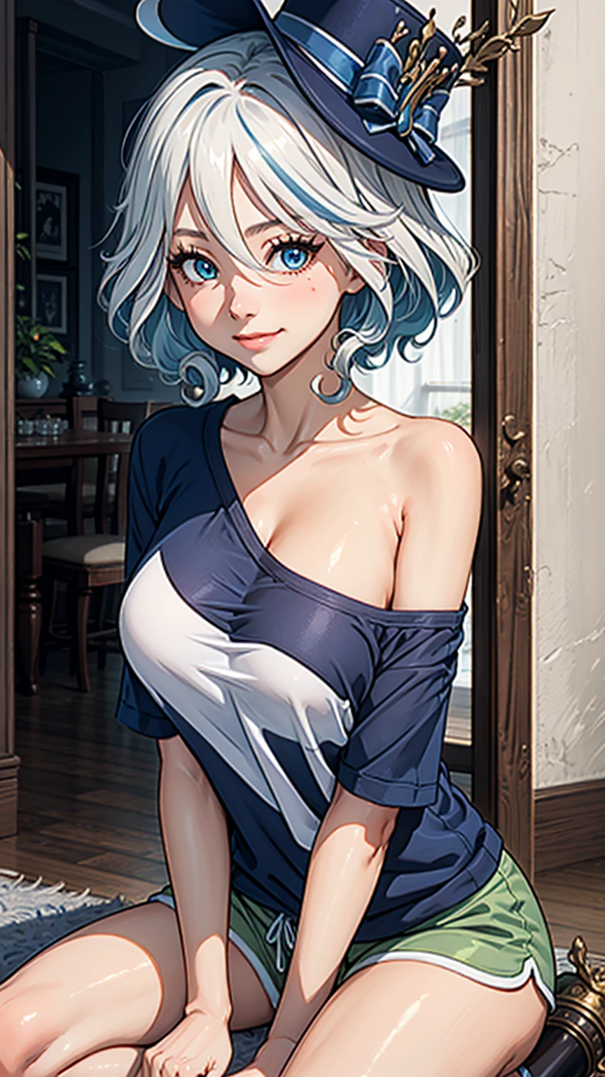 (Furinarnd), masterpiece,huge breast, blush, indoor, looking at viewer, detail eyes, cg, sitting, smile, (front view), dolphin shorts, (single bare shoulder shirt),