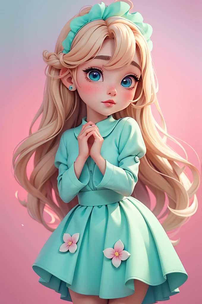 imagem de alta qualidade de uma boneca chibi Ariana Grande: boneca chibi ,illustration,detalhes delicados,Pose encantadora,lovely expression,cores suaves,roupa bonita,cabelos intrincados,beautiful eyes and lips,melhor qualidade,ultra-detalhado,fotorrealista,vivid colors, solid background, profesional lighting, girly accessories, espressiva, headband flowers, blue eyes, ombre hair, long hair, basket of flowers in hands, lovely pose, black eyes, wearing a fairy outfit pastel colors glitter, mint green, pink, and soft purple, exuberant, perfect, centered in the photo with a white background, nitid, fairy vibes, standing, pink flat shoes, vibrant, white background, blonde hair, blonde hair, hair blonde
