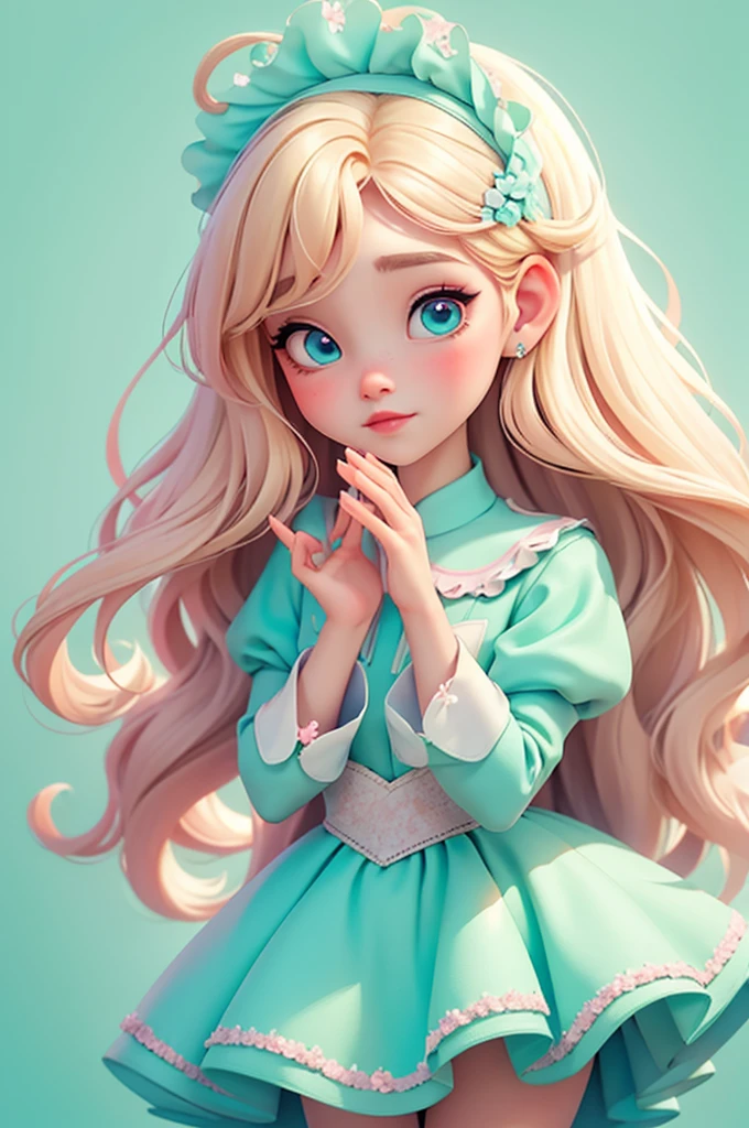 imagem de alta qualidade de uma boneca chibi Ariana Grande: boneca chibi ,illustration,detalhes delicados,Pose encantadora,lovely expression,cores suaves,roupa bonita,cabelos intrincados,beautiful eyes and lips,melhor qualidade,ultra-detalhado,fotorrealista,vivid colors, solid background, profesional lighting, girly accessories, espressiva, headband flowers, blue eyes, ombre hair, long hair, basket of flowers in hands, lovely pose, black eyes, wearing a fairy outfit pastel colors glitter, mint green, pink, and soft purple, exuberant, perfect, centered in the photo with a white background, nitid, fairy vibes, standing, pink flat shoes, vibrant, white background, blonde hair, blonde hair, hair blonde