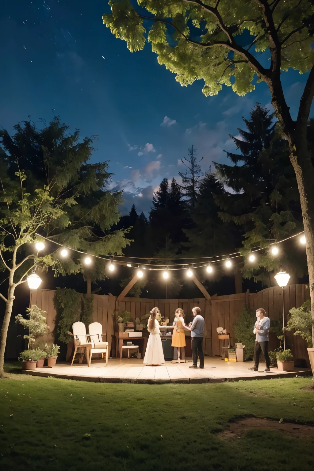 Create an image of a backyard, with lots of happy people, with trees and lamp lines with a stage and happy people with the little show that takes place in that backyard.