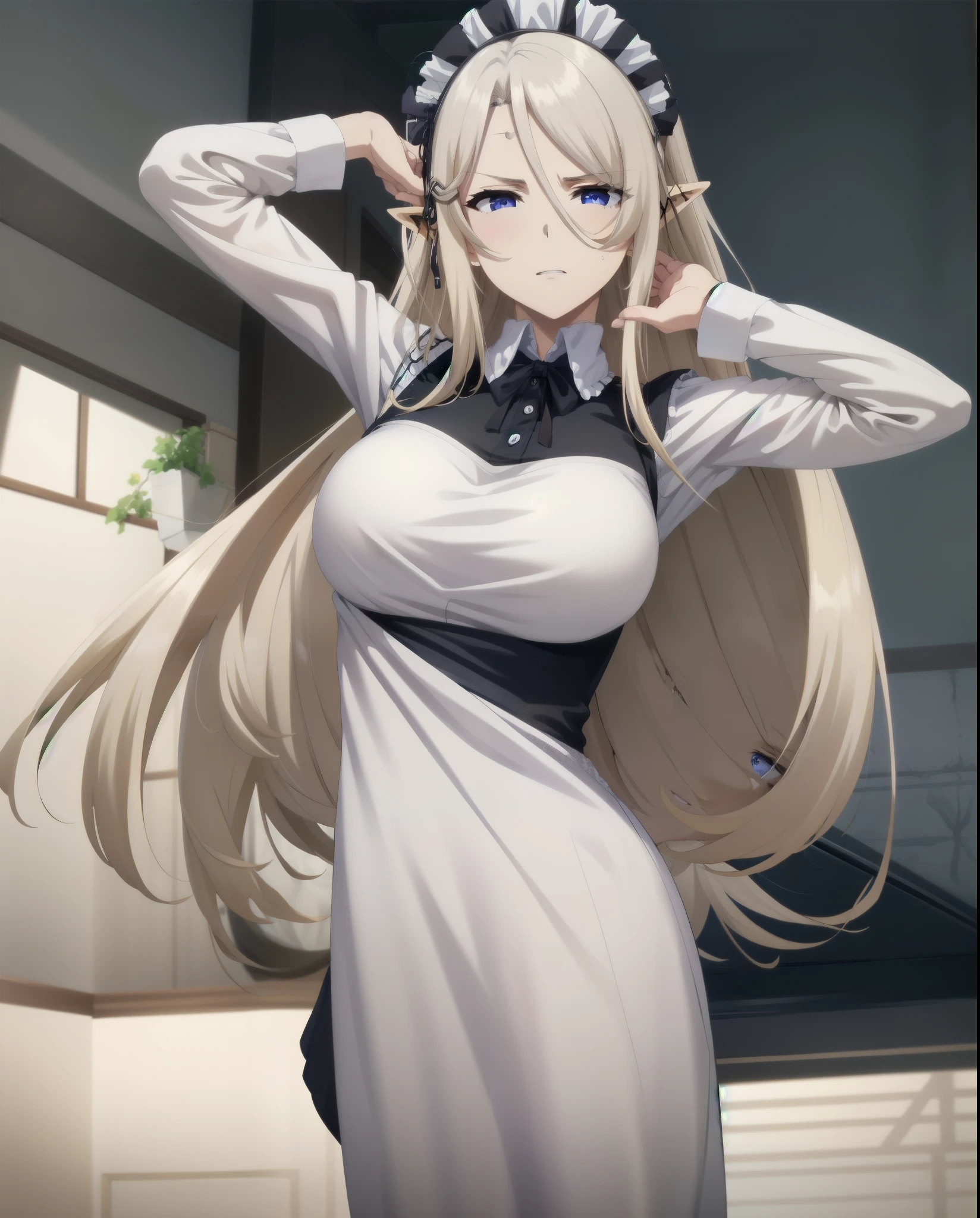 best quality, from below, log angle, intenseglare, disgust, shaded_face, shadow_over_eyes, glaring, looking down at the viewer, long platinum hair,blue eyes,pointy ears,elf,,masterpiece, highres, solo, (maid:1.40), (long maid dress:1.15), anime_style, 14
