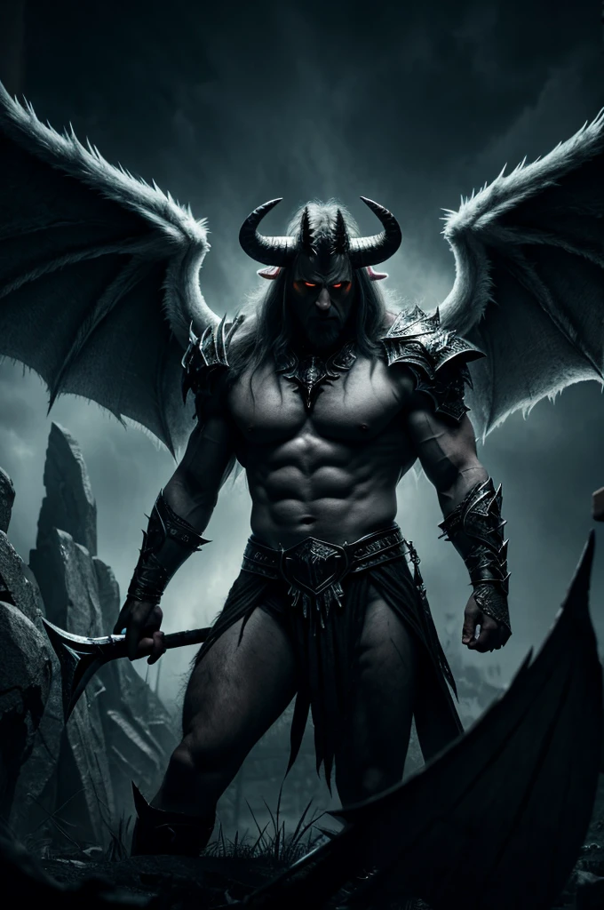 a pale white angry male demon, big horns, wings, holding a great axe, ultra detailed, 8k, high resolution, photorealistic, dark fantasy, dramatic lighting, moody, cinematic, intricate details, volumetric lighting, dramatic angles