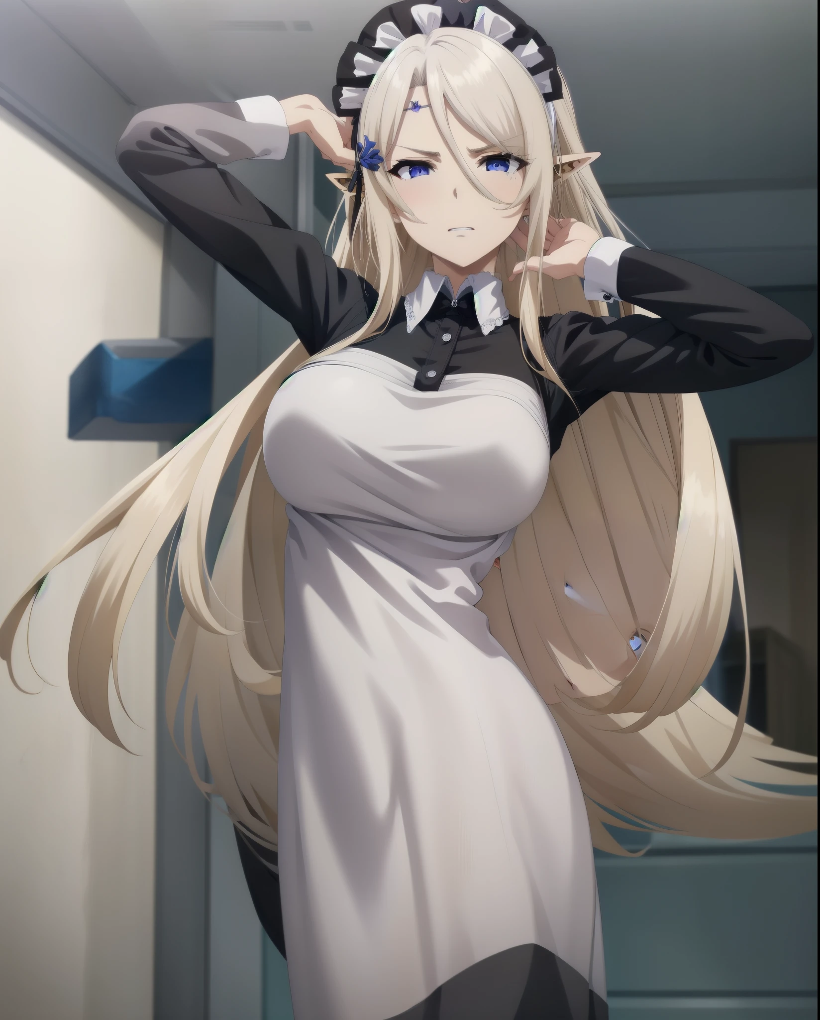 best quality, from below, log angle, intenseglare, disgust, shaded_face, shadow_over_eyes, glaring, looking down at the viewer, long platinum hair,blue eyes,pointy ears,elf,,masterpiece, highres, solo, (maid:1.40), (long maid dress:1.15), anime_style, 14
