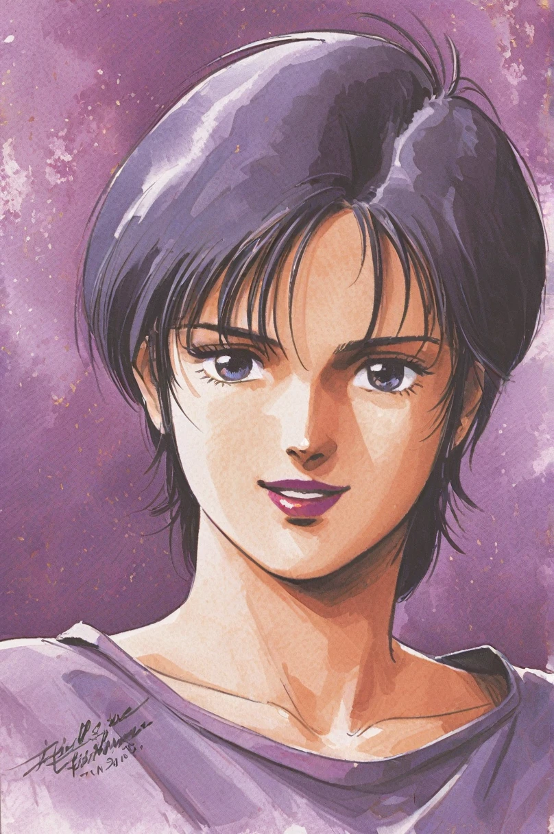 Four Murasame, 1girl, solo, short hair, signature, traditional media, brawn eyes, green blackhair, collarbone, smile, looking at viewer, portrait, purple shirt, lipstick, upper body, dated, watercolor \(medium\),1980s (style)