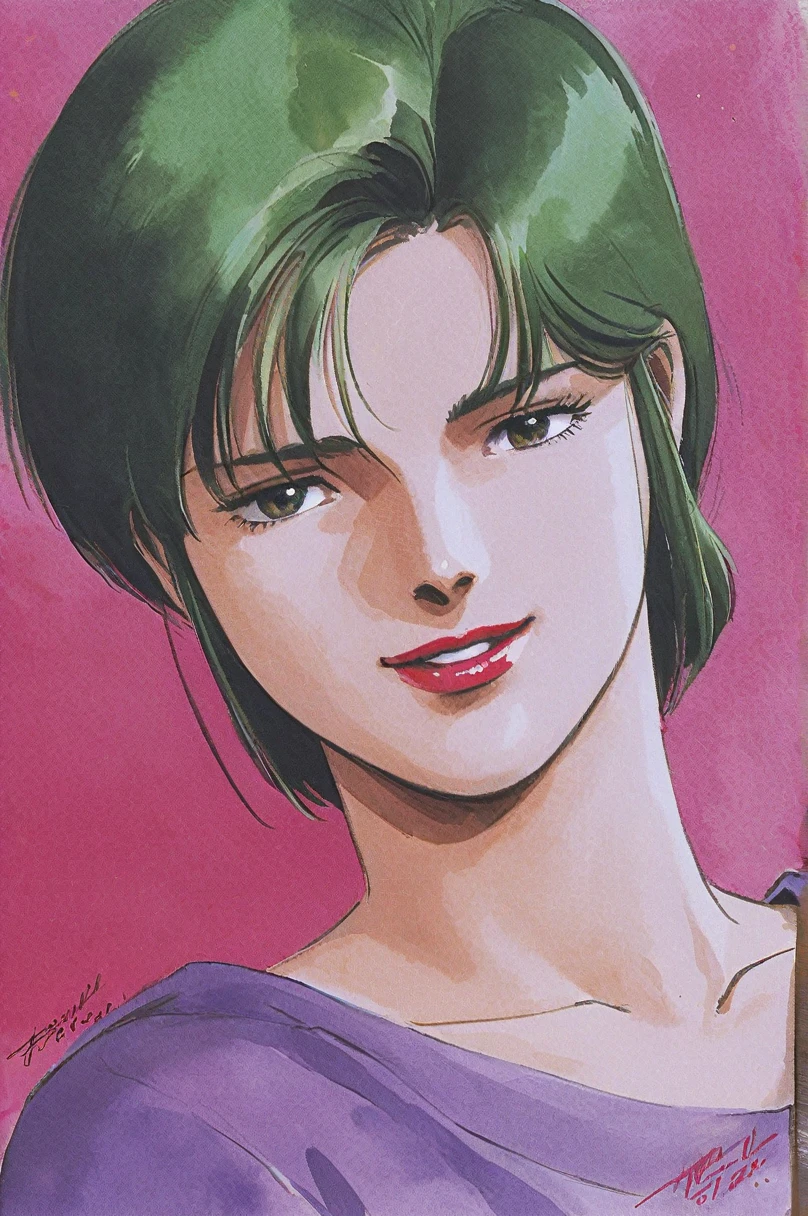 Four Murasame, 1girl, solo, short hair, signature, traditional media, brawn eyes, green blackhair, collarbone, smile, looking at viewer, portrait, purple shirt, lipstick, upper body, dated, watercolor \(medium\),1980s (style)