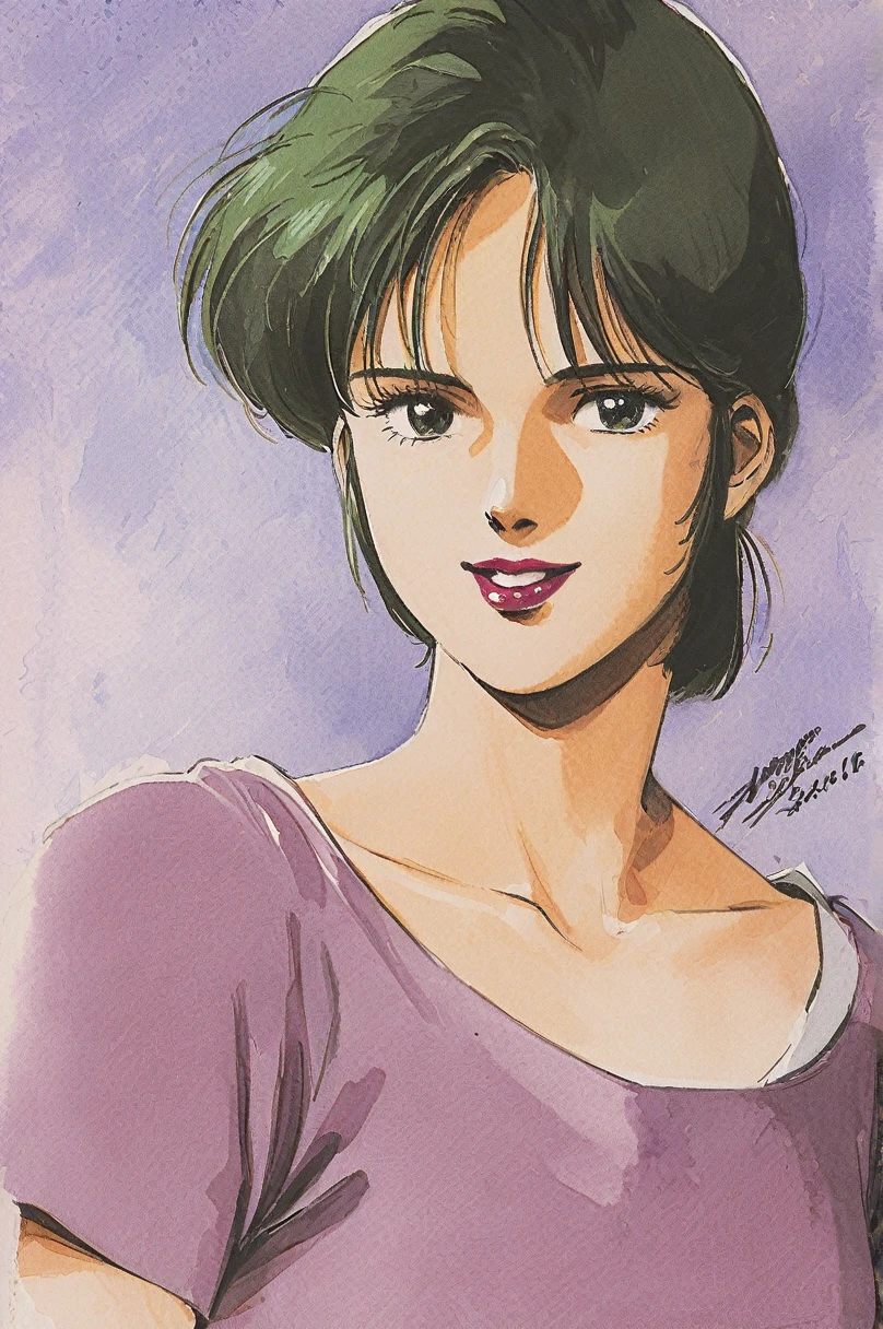 Four Murasame, 1girl, solo, short hair, signature, traditional media, brawn eyes, green blackhair, collarbone, smile, looking at viewer, portrait, purple shirt, lipstick, upper body, dated, watercolor \(medium\),1980s (style)