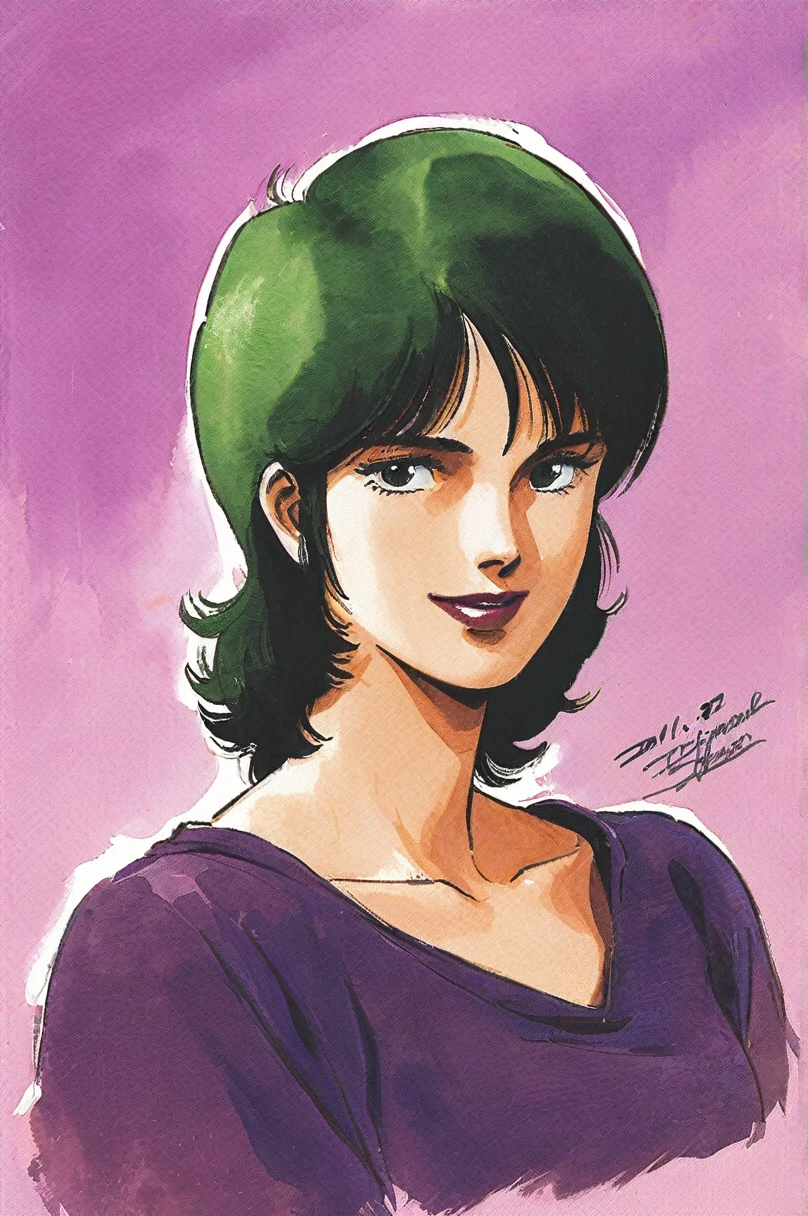 Four Murasame, 1girl, solo, short hair, signature, traditional media, brawn eyes, green blackhair, collarbone, smile, looking at viewer, portrait, purple shirt, lipstick, upper body, dated, watercolor \(medium\),1980s (style)