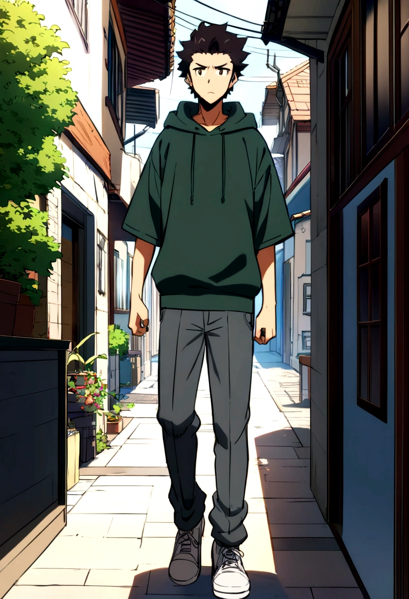 A pale teenager with some acne with very long messy black hair and some visible sideburns, dark brown eyes, a serious/slightly ill humored expression, wearing a dark grey Hoodie, comfy dark grey pants, and simple grey shoes, with a dark green t-shirt underneath his hoodie, in anime style, walking a standard anime style street in a shadowed area of the sidewalk in broad daylight, in anime style, examples include 2d Anime styles, make very dramatic and detailed.