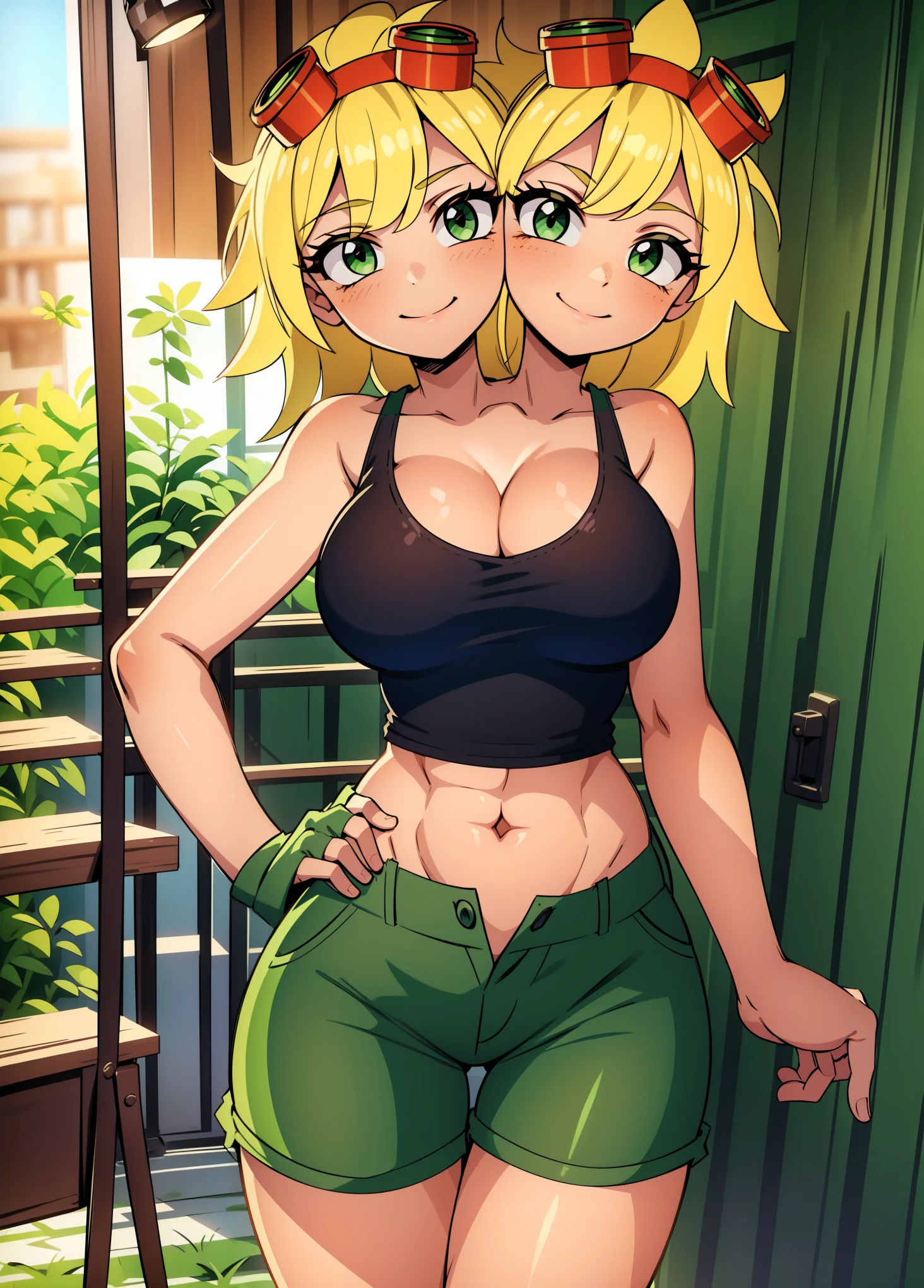 best quality, (masterpiece),(ultra-detailed), (high quality), (high resolution), ((2heads:1.5)), best quality:1.5, highres, UHD, 16K), smiling, highres, masterpiece, (blonde hair), (cleavage), (black short tank top), medium long hair, ((green denim shorts)), lustrous and smooth skin, (mature woman), (black eyes), (cute face), (exposed midriff), seductive silhouette, ((slim hips)), casual dress, sexy proportions, young girl with accentuated slender abs, long legs, seductive woman, lustrous woman, (large breasts), ((detailed eyes)), boots, (red goggles)