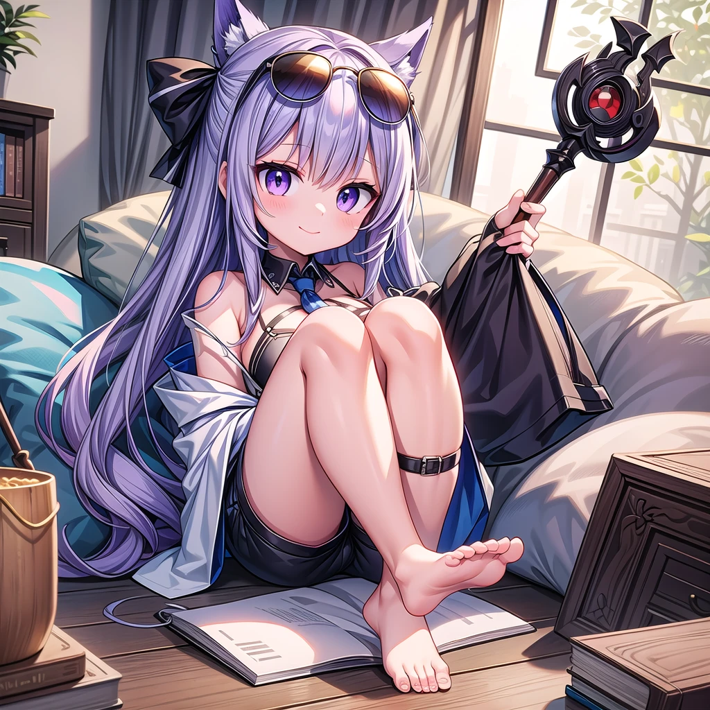 detailed portrait of a girl wearing a demonic outfit, blue anime style, demonic anime girl, dynamic action anime girl, Azur Lane character, Onmyoji, detailed Onmyoji art, from Arknights, from Azur Lane video game, Kushaltepec Klenz key art female, alluring matoi ryuko, crouching anime girl1girl, solo, long hair, breasts, looking at viewer, blush, smile, bangs, large breasts, shirt, long sleeves, holding, cleavage, sitting, closed mouth, purple eyes, jacket, full body, white shirt, purple hair, thighs, necktie, shorts, barefoot, collared shirt, indoors, feet, legs, book, bare legs, window, thigh strap, toes, soles, sunglasses, plant, couch, eyewear on head, holding book