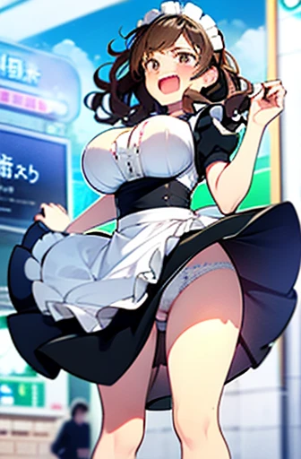 Big Tits、Huge breasts、Handsome、Emerald green underwear、Excited、Wavy Hair、Lace Underwear、Brown Hair、Wind Power、Pull the skirt with both hands、Subway Station、Maid clothes、apron、White underwear is visible、blush、Angry face