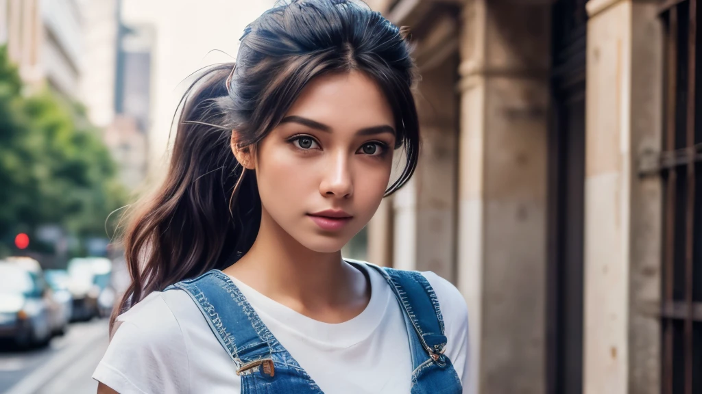 a photo by pho3b3cat3s, beautiful woman, ((24 years old)), street, body, denim overalls, 1980s, Retro, long wavy dark hair ponytail, (Masterpiece), (Extremely detailed CG unity 8k wallpaper), intricate, ((photorealistic)),
