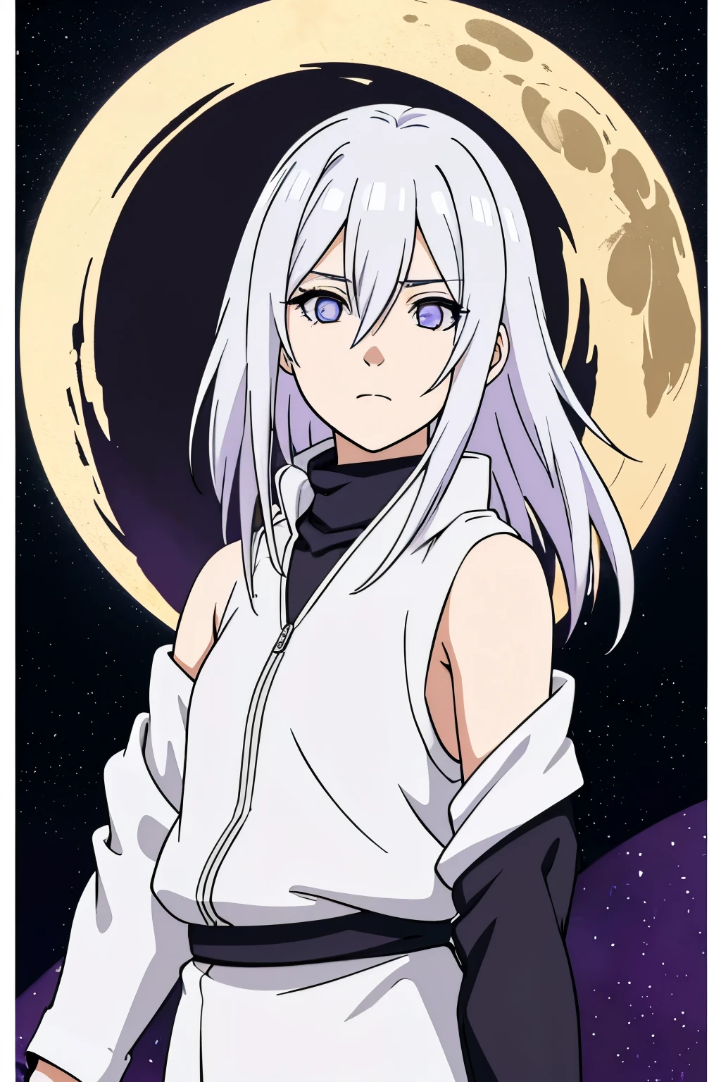 (high-quality, breathtaking),(expressive eyes, perfect face) portrait, Symmetrical Eyes, 1girl, solo, teenager age, short height, white hair, white coloured eyes, byakugan, anime naruto art style, long hair, fluffy hair, feminine face, sky background, moon, open field background, stars, trees, detailed eyes, hyuga, Ōtsutsuki, naruto ninja attire, neutral expression, soft smile, purple and black clothing, white trim, long sleeves, white dress, hair between eyes, bare shoulders, jacket,
