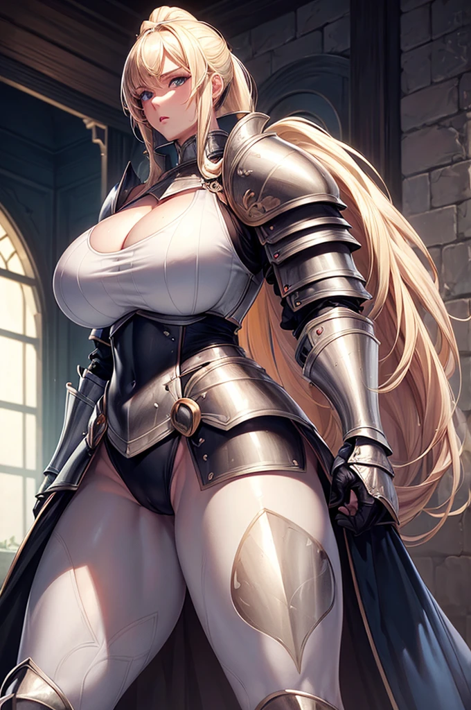 tight waist,hourglass figure, muscular thick thighs, thicc, perfect body, super wide hips, bearing hips, (cowboy shot: 1.3), (huge butt:), bubble butt, beaul face, detailed, ((gigantomastia)), (((gigantic breasts))), (uality, Masterpiece, Ethereal:1.4), (muscular: 1.2), toned abs, Has a supernaturally beautiful face, gigantic cleavage breasts, (Pnatomy), reasts, Fitness buttocks, long blor, blue eyes, palplump lips, fantasy setting, ((full plate armor)), ponytail hair style, (heavy armor), (knight), (boob window)
