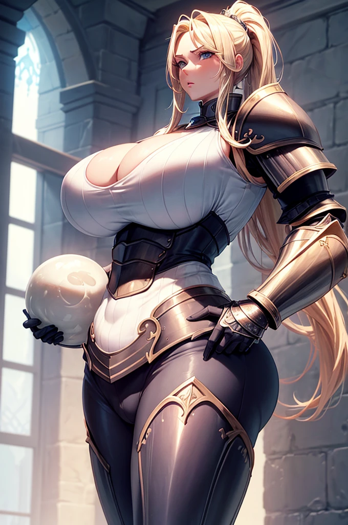 tight waist,hourglass figure, muscular thick thighs, thicc, perfect body, super wide hips, bearing hips, (cowboy shot: 1.3), (huge butt: 1.2), bubble butt, beautiful face, detailed, ((gigantomastia)), (((gigantic breasts))), (Ultra Quality, Masterpiece, Ethereal:1.4), (muscular: 1.2), toned abs, Has a supernaturally beautiful face, gigantic cleavage breasts, (Perfect anatomy), Heavy breasts, Fitness buttocks, long blonde hair, blue eyes, pale skin, plump lips, fantasy setting, ((full plate armor)), ponytail hair style, (heavy armor), (knight), (boob window)