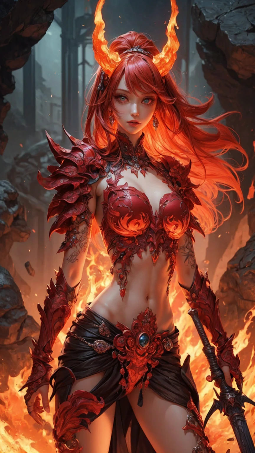 ((Highly accurate drawing in every detail)Extremely precise depiction)[High resolution],(detailed illustrations,Very fine and detailed drawing,Delicate drawn lines with tempo,Realistic texture expression),[color traced main line],[Lava cave background [Hot hell:0.4]],HENTAI ANIME (Red-skinned DemonGirl 19 years old slender muscular) Flame hair (Devil's Knight:0.8),(Bone armor [crack in the chest:0.6] [Blade of Fresh Blood:0.4]) (edge),[[dark fantasy]],(intricate and beautiful decoration [Dense detail]),(Fine and beautiful skin expression [transparency]),((Precisely drawn eyes))[Perfect eyes detailed((Beautiful eyes like jewels)Iris drawn in precise detail)[clearly drawn pupils]],[eye light[Pinpoint lighting for the eyes]],[long and beautiful eyelashes],[precisely drawn hair [Beautiful and lustrous hair detailed]],(Perfectly hand detailed [Beautiful fingers with no damage [beautiful nails]]),(perfect anatomy(perfectly balanced proportions))[[full body portrait]],[ideal color coordination(Accurate simulation of light and material interactions)],([precision detail](detailed,高fine)),[Visual art that tells a story],((highest quality)fine[[High density drawing]])(4K quality).