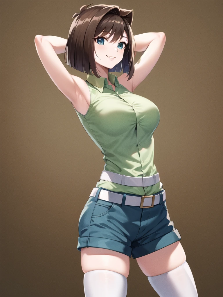 arms up behind,underboob,masterpiece, best quality, highres, aamazaki, (antenna hair:1.2), large breasts, green shirt, sleeveless, bracelet, belt, blue shorts, white thighhighs, cowboy shot, standing, smile, 