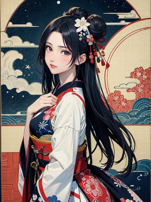 (masterpiece, Highest quality,High resolution, Official Art), (One girl), (Fractal Art:1.1),Bright and vivid color patterns in Japanese clothing、Black hair in a round bun,Traditional Japanese patterned fabric, (Dynamic pose),(Shiny skin), (Many colors:1.4), ( Ukiyo-e background,moon,flower,cloud )