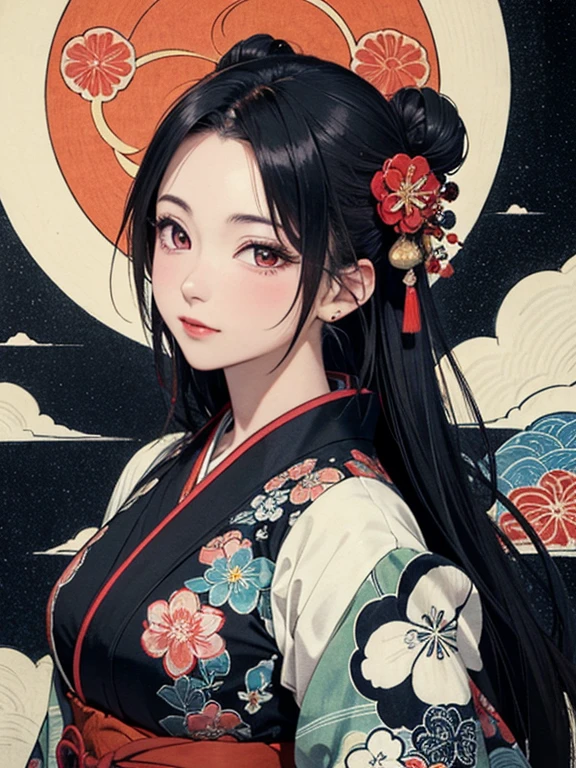 (masterpiece, Highest quality,High resolution, Official Art), (One girl), (Fractal Art:1.1),Bright and vivid color patterns in Japanese clothing、Black hair in a round bun,Traditional Japanese patterned fabric, (Dynamic pose),(Shiny skin), (Many colors:1.4), ( Ukiyo-e background,moon,flower,cloud )