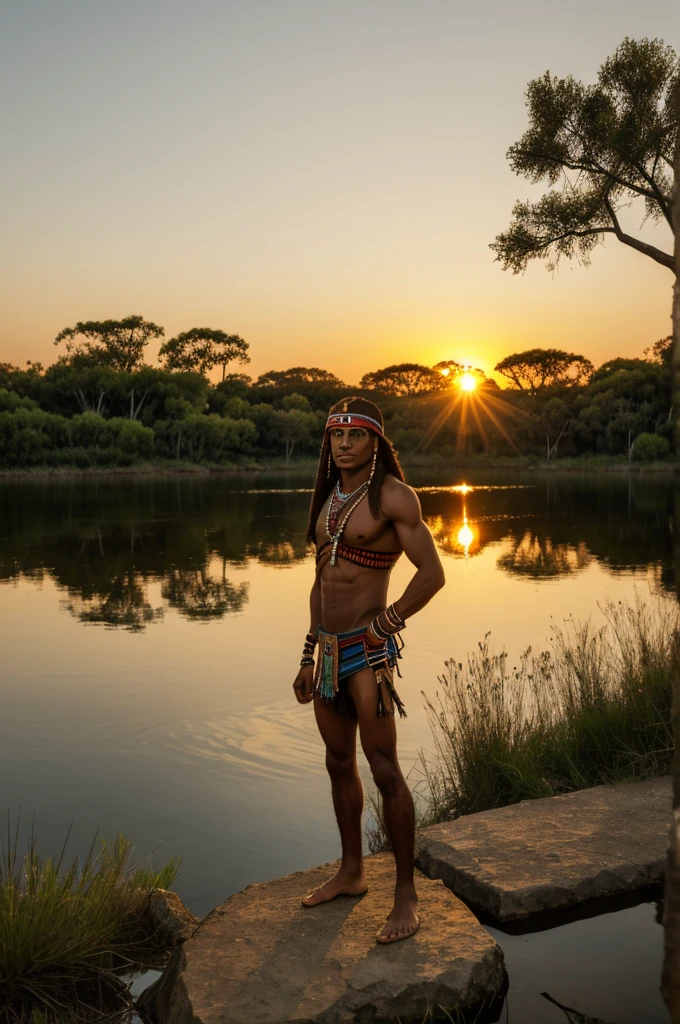 ((thin and strong warrior)) (aztec aborigine) (lake at sunset)