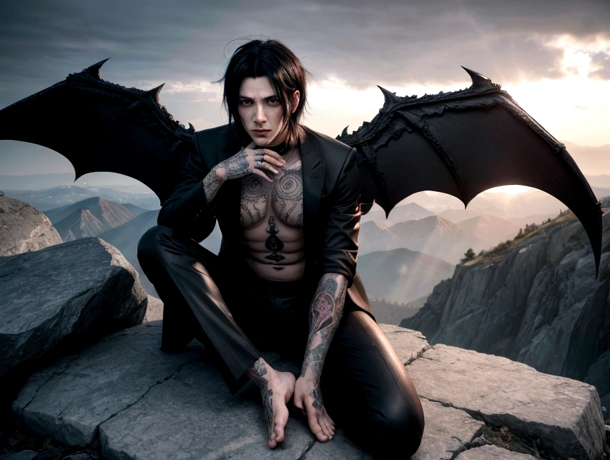 Angel male with 30 years old with ancient alphabet tattoos on his neck, fingernails painted black and red eyes, huge black wings bat, wearing a black suit and barefoot, on top of a mountain, sparkling eyes, white hair, messy hair, hair over eyes, Hyperrealism, god rays, cinematic lighting, backlighting, anime style, UHD, anatomically correct, highres.