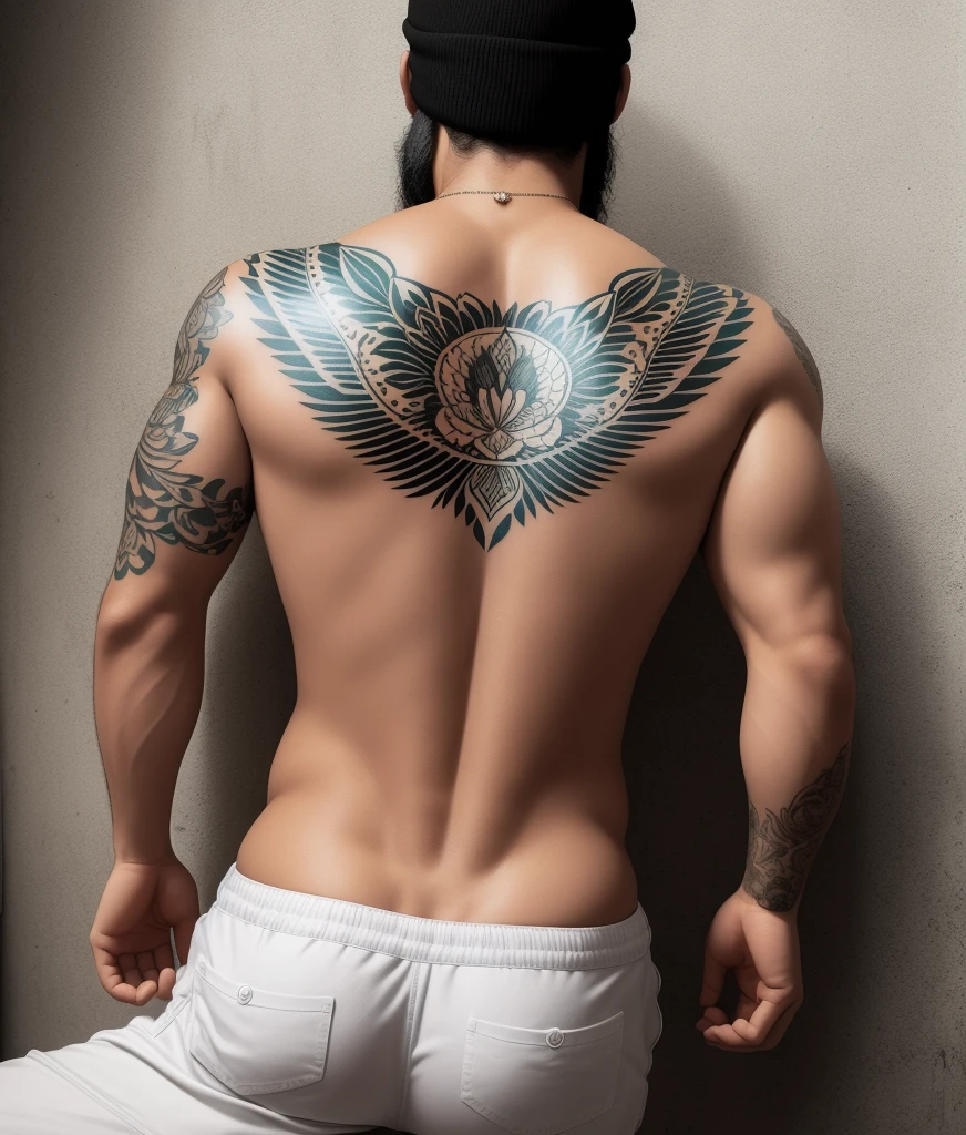 Large tattoo design for the back. Style similar to the reference image: detailed, realistic, high-quality. Elements include:
1. Background: Favela in Rio de Janeiro, Brazil.
2. Central figure: A fat man with a beanie. Emphasize the face being fat.
3. Vehicle: Front of a black Opala.
4. Text: Graffiti style text "BRAZIL".
trabalho em linha, linha fina, esboço artístico, Esboço de tatuagemes, Esboço de esboço, ilustração desenhada à mão, esboço detalhado, desenho com tinta, contorno de tinta
