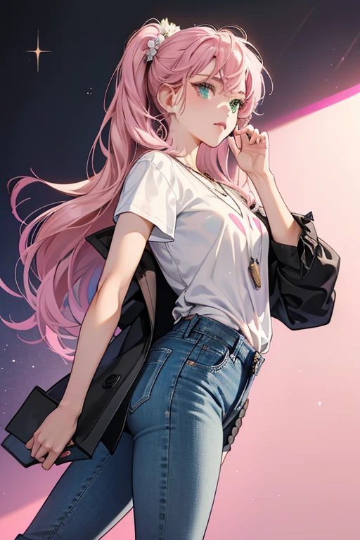 Marinette wears a very dark gray blazer with rolled-up sleeves; the inside of the blazer is lined in white with light fuchsia polka dots, and it has black trimming. Underneath, she wears a white t-shirt with black stitching and a flower design below the collar. The design itself has pink flowers and black leaves. She wears pink rolled-up loose jeans and light pink ballet flats with reddish brown soles. She also sports black earrings that also serve as her Miraculous when Tikki inhabits them. She often wears a light pink purse with a thin black strap over her right shoulder. She also wears her Kwagatama necklace under her t-shirt.[89]

In the flashback in "Derision", Marinette wore light blue jeans instead of her current pink one. The change is because Chloé Bourgeois made her favorite blue jeans covered in green paint as part of a prank in the school year prior to the show's events. SPARKLE; GLITTER