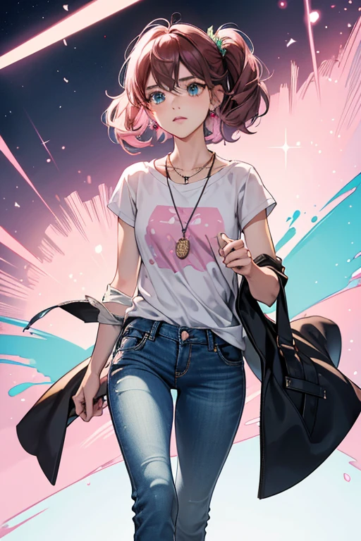 Marinette wears a very dark gray blazer with rolled-up sleeves; the inside of the blazer is lined in white with light fuchsia polka dots, and it has black trimming. Underneath, she wears a white t-shirt with black stitching and a flower design below the collar. The design itself has pink flowers and black leaves. She wears pink rolled-up loose jeans and light pink ballet flats with reddish brown soles. She also sports black earrings that also serve as her Miraculous when Tikki inhabits them. She often wears a light pink purse with a thin black strap over her right shoulder. She also wears her Kwagatama necklace under her t-shirt.[89]

In the flashback in "Derision", Marinette wore light blue jeans instead of her current pink one. The change is because Chloé Bourgeois made her favorite blue jeans covered in green paint as part of a prank in the school year prior to the show's events. SPARKLE; GLITTER